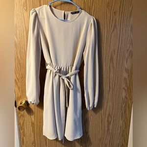 Cream Tie Front Bishop Sleeve Midi Dress